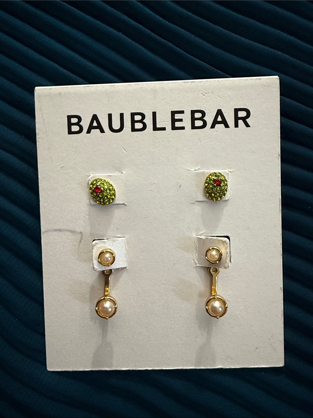 BaubleBar Green Crystal Studs with Gold Pearl Drop Earrings